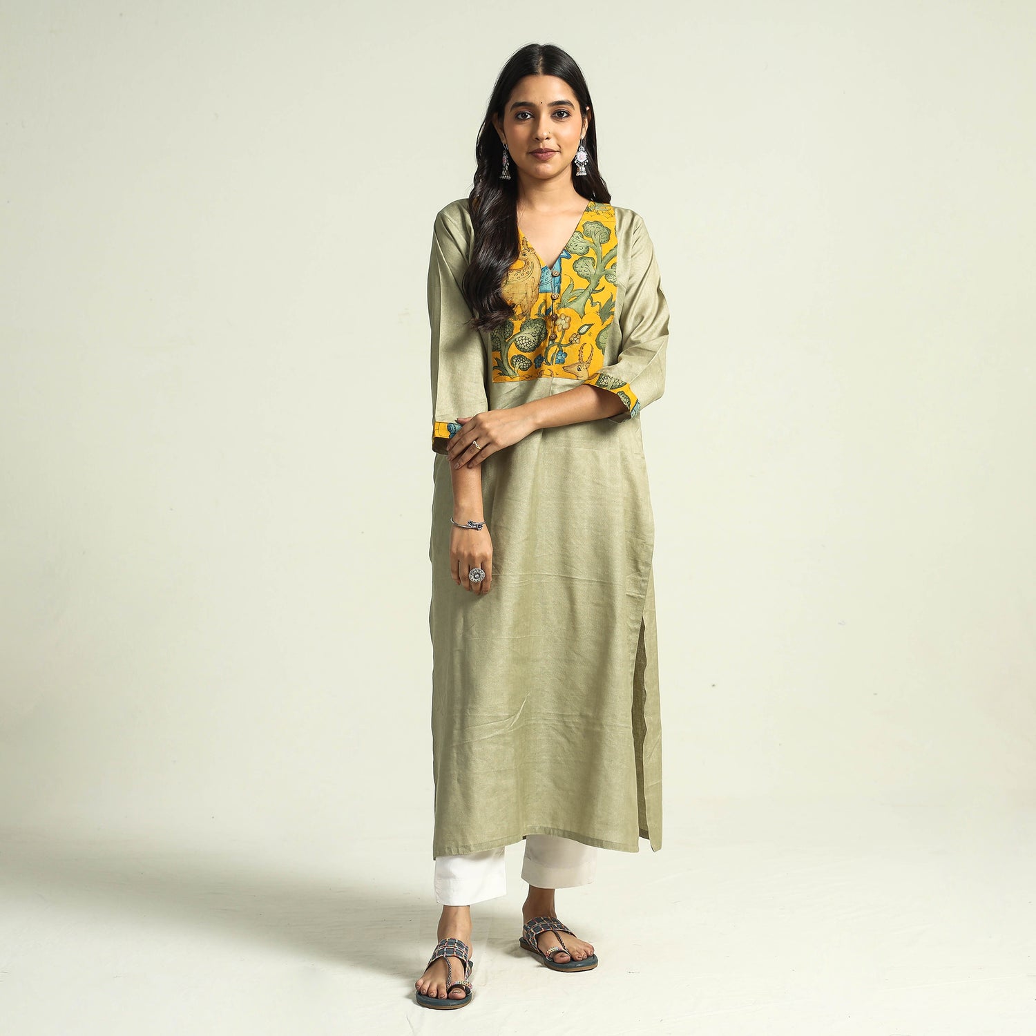 Light Pista Green - Srikalahasti Kalamkari Patchwork Plain Linen Cotton Long Straight Kurta
