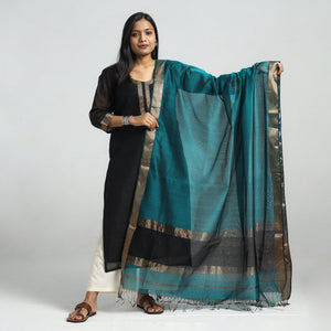 Black - Traditional Maheshwari Handloom Silk Cotton Checks Kurta with Dupatta Set