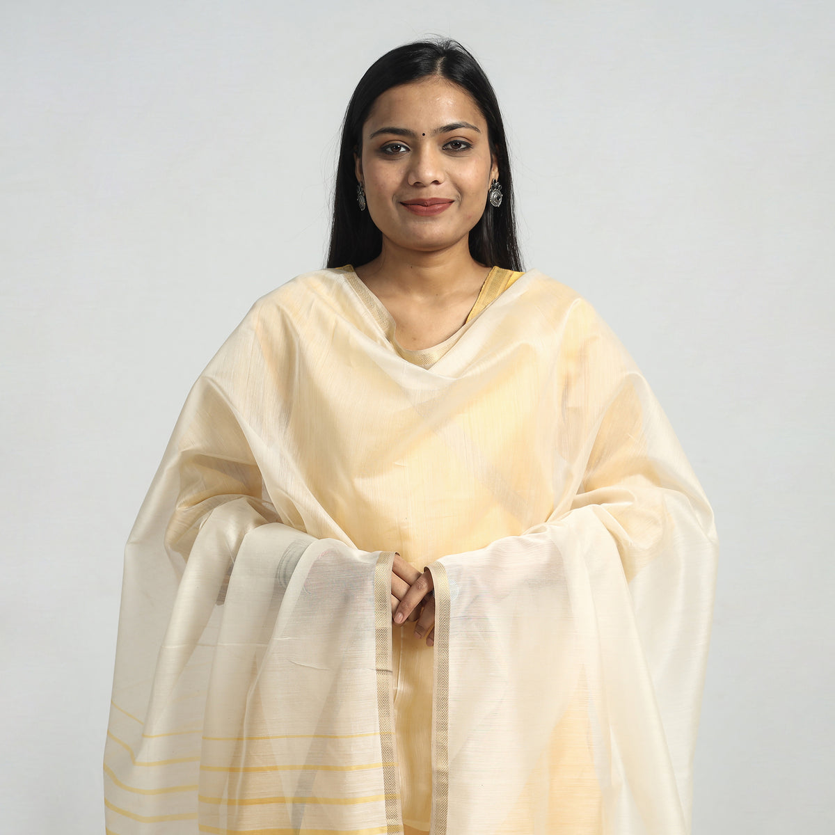 Yellow - Traditional Maheshwari Handloom Silk Cotton Zari Work Kurta with Dupatta Set