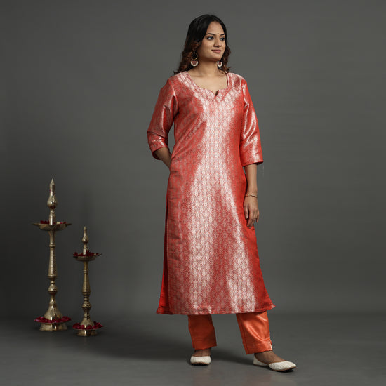 Peach - Elegant Banarasi Brocade Silk Kurta with Pant Set