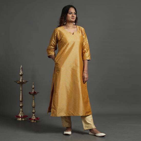 Mustard Yellow - Elegant Banarasi Brocade Silk Kurta with Pant Set
