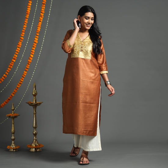 Brown - Plain Tussar Silk Handloom Banarasi Patchwork Straight Kurta
