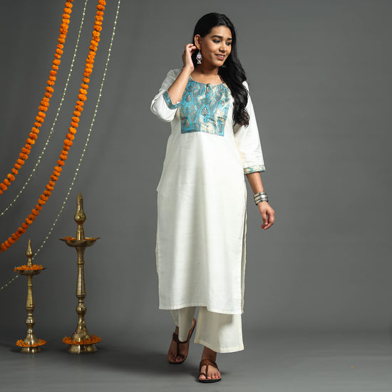 White - Plain Tussar Silk Handloom Banarasi Patchwork Straight Kurta