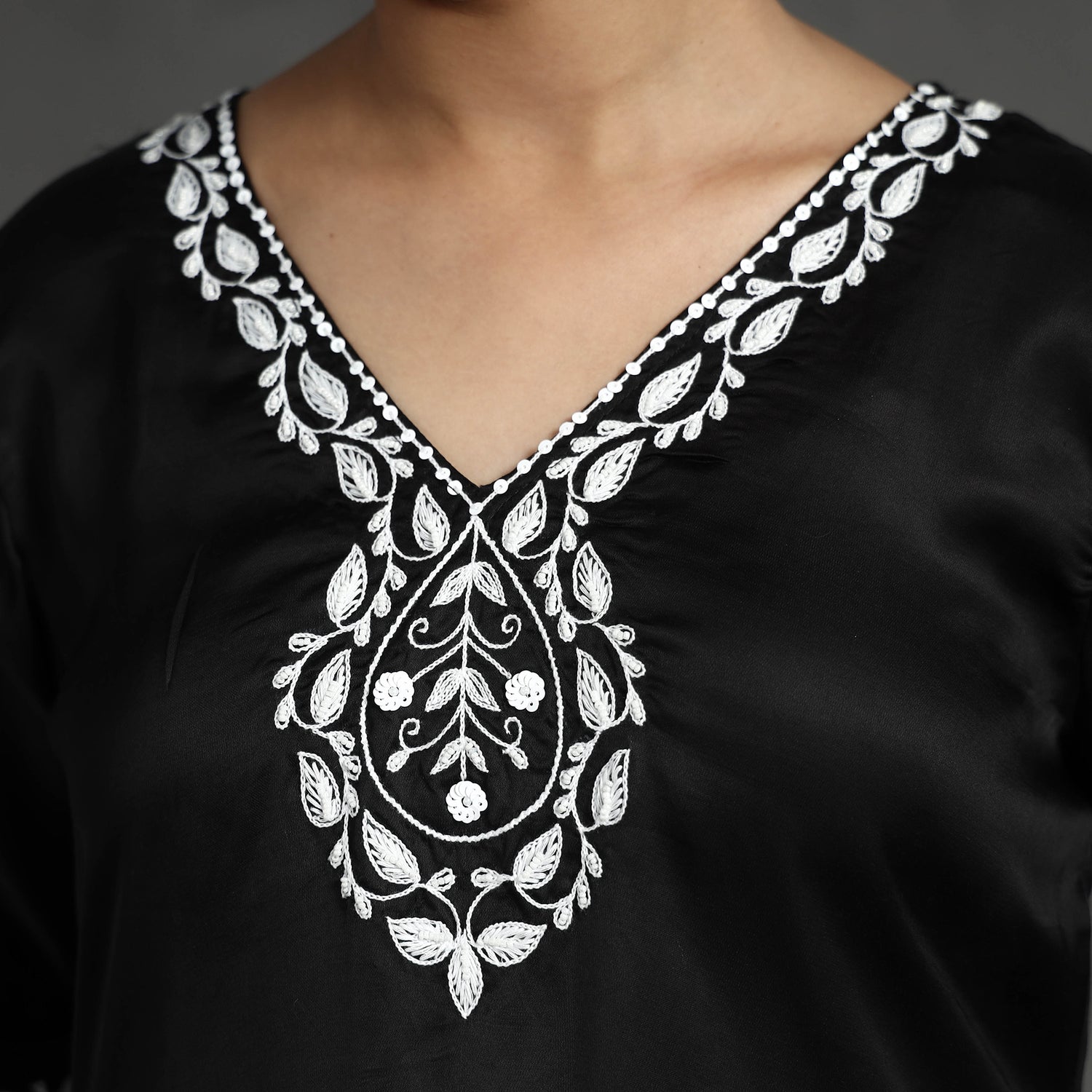 Black Modal Silk Noori Hand Embroidery Long Straight Kurta