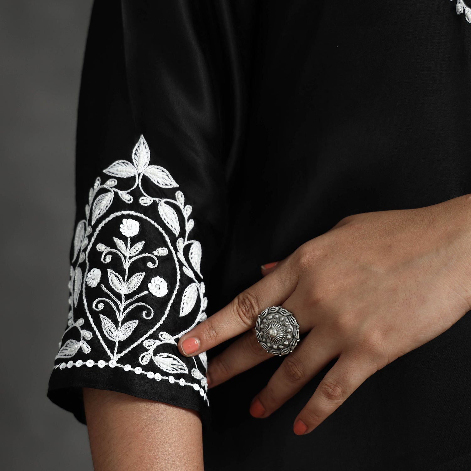 Black Modal Silk Noori Hand Embroidery Long Straight Kurta