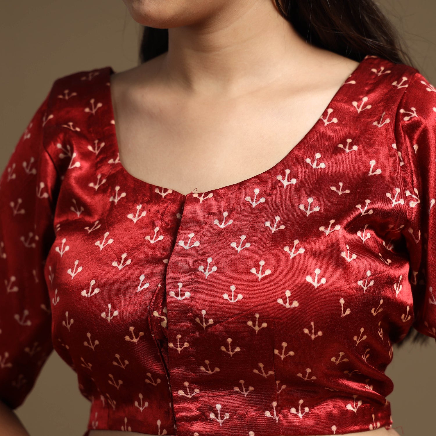 Maroon - Hand Block Printed Mashru Silk Stitched Blouse