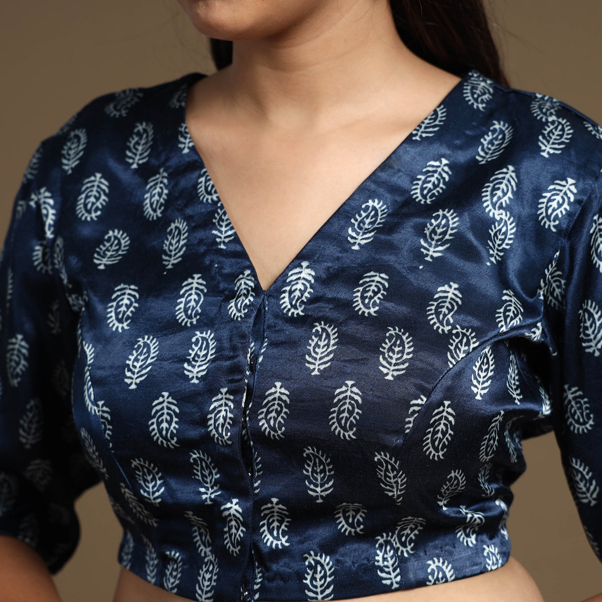 Dark Blue - Hand Block Printed Mashru Silk Stitched Blouse