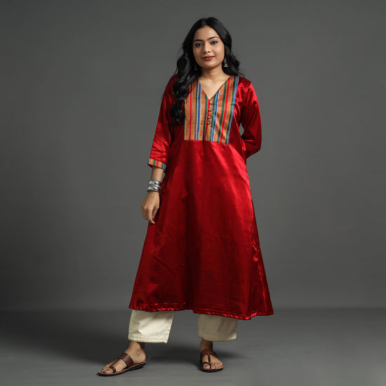 Dark Red - Plain Mashru Silk with Patchwork Floral A-Line Kurta