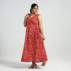 Batik Printed Cotton Angrakha Sleeveless Flared Dress