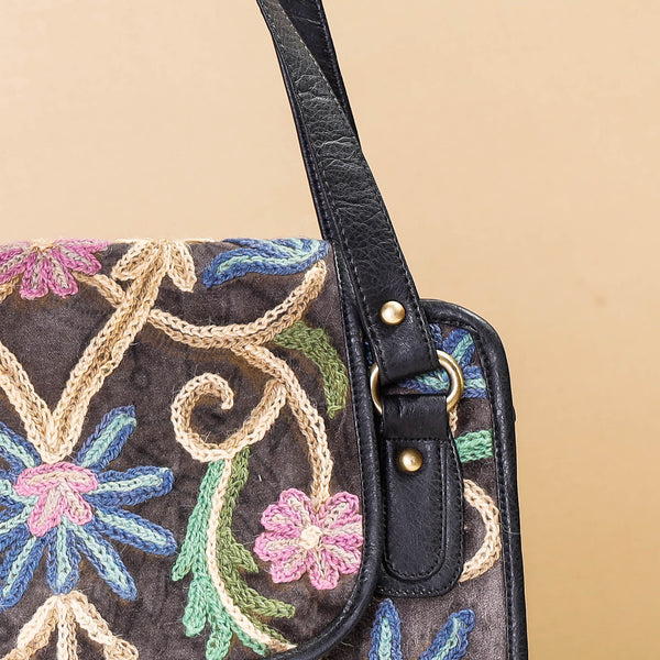 Buy Original Crewel Hand Embroidery Leather & Velvet Hand Bag Online at