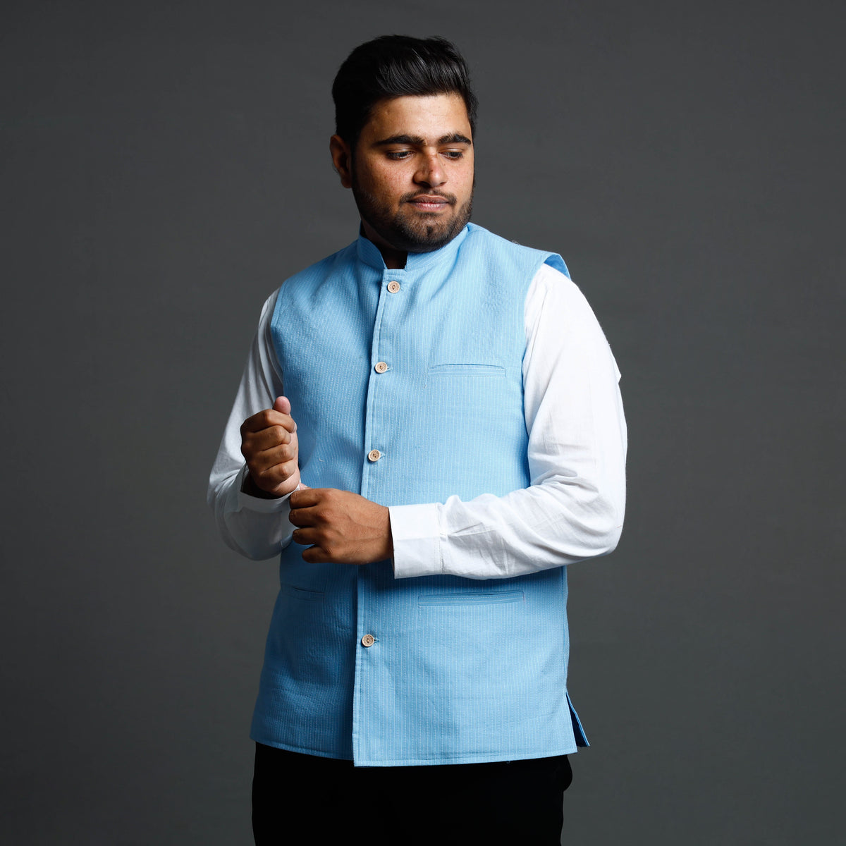 Sky Blue - Running Stitch Cotton Nehru Jacket