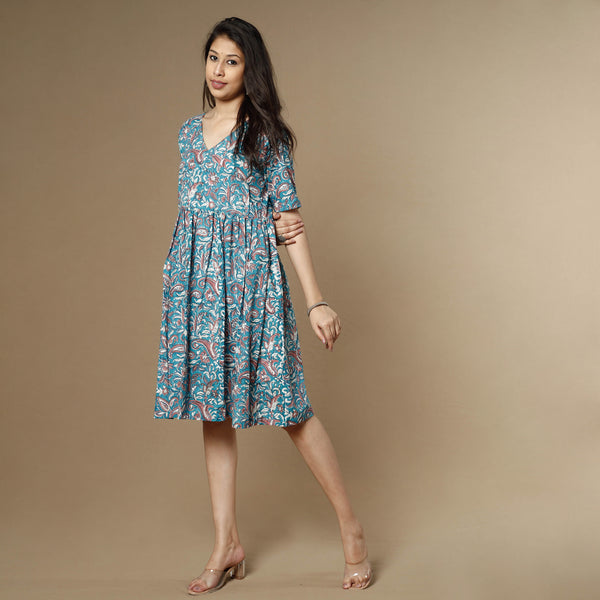 Red - Block Print Cotton Flared Sanganeri Dress 09