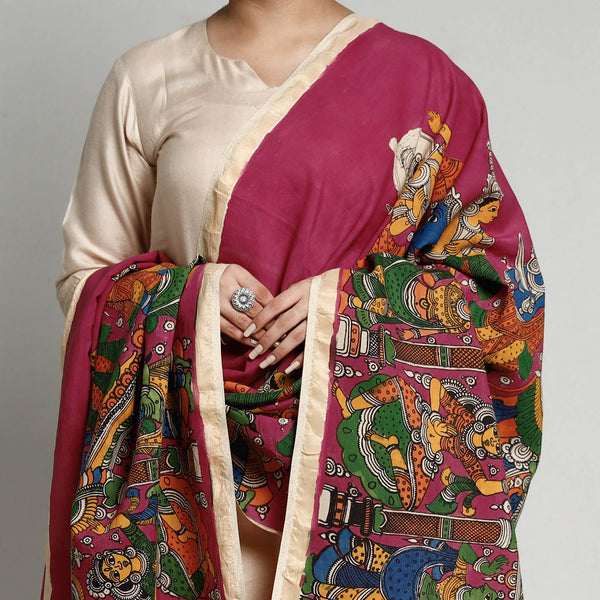 Srikalahasti Natural Dyed Silk Cotton Handpainted Pen Kalamkari Dupatta 01