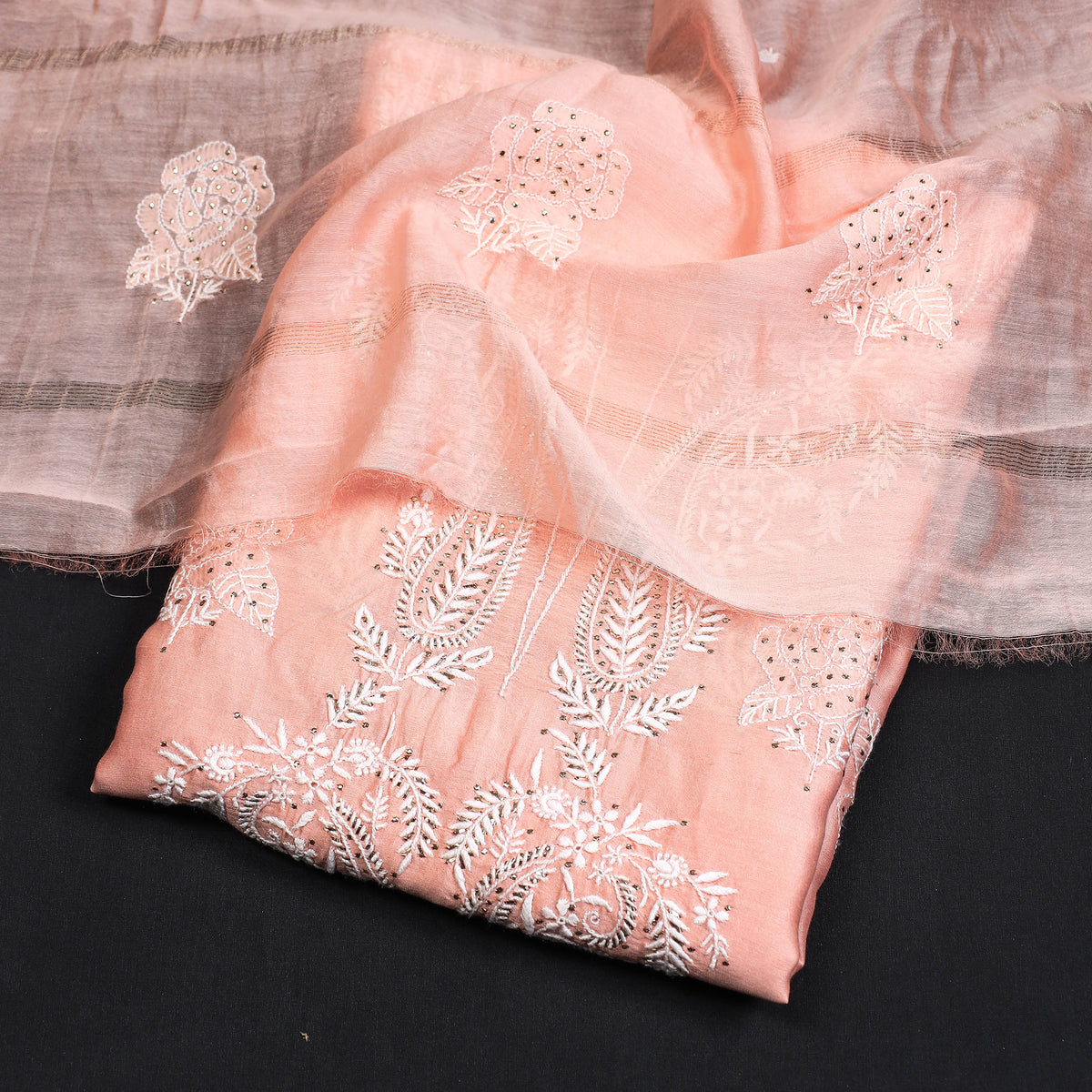 2pc Lucknow Chikankari Hand Embroidery Organza Silk Handloom Suit Material Set