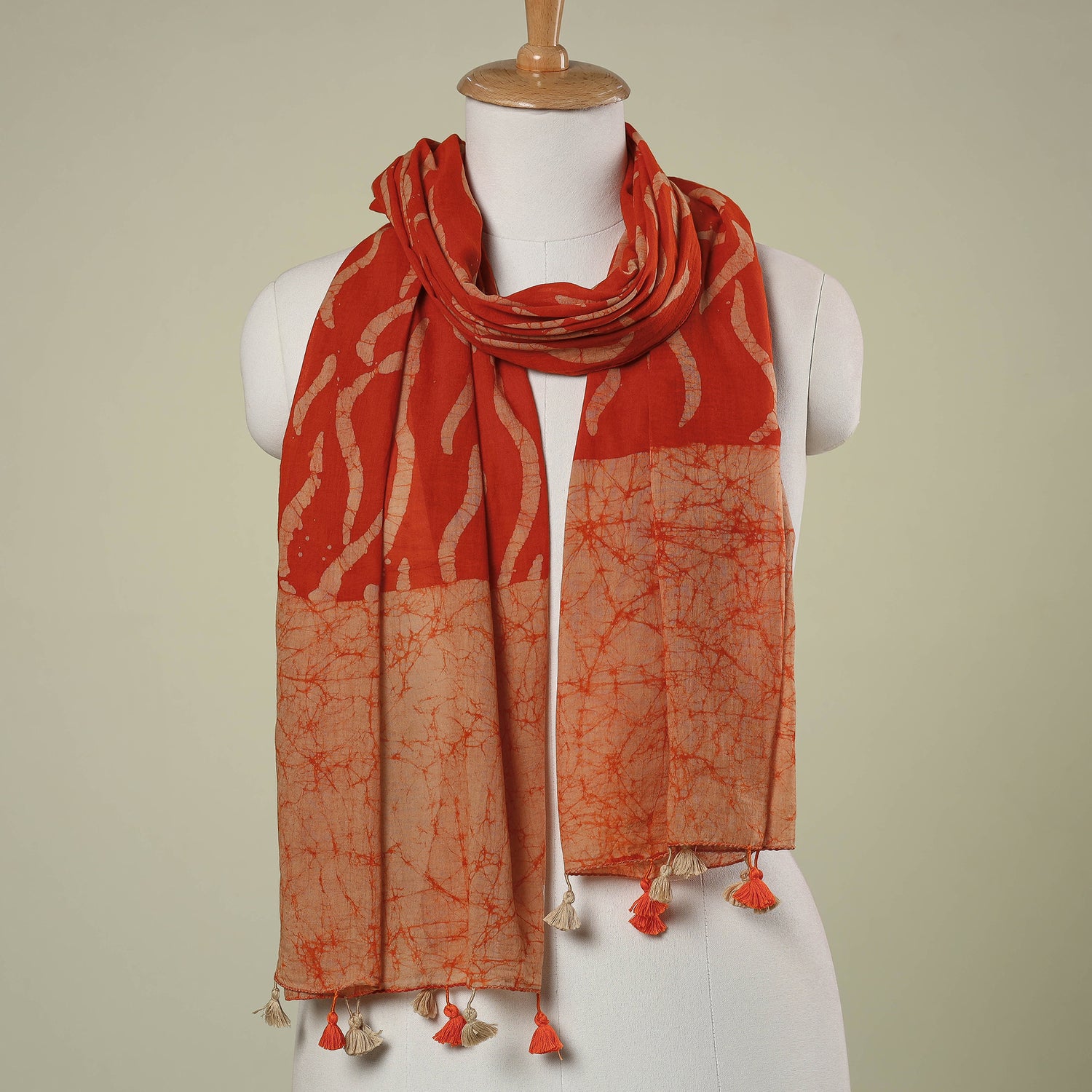 Hand Batik Printed Mul Cotton Stole with Tassels