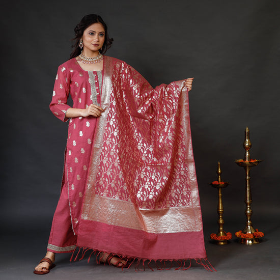 Pink Banarasi Silk Zari Work Stitched Kurta with Palazzo & Dupatta Set