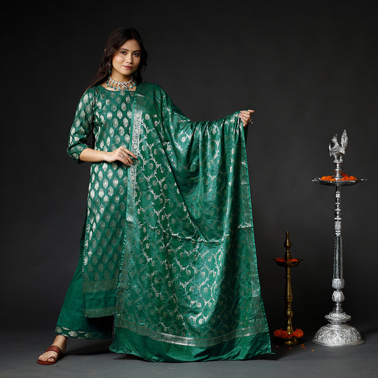 Dark Green - Banarasi Silk Zari Work Stitched Kurta with Palazzo & Dupatta Set