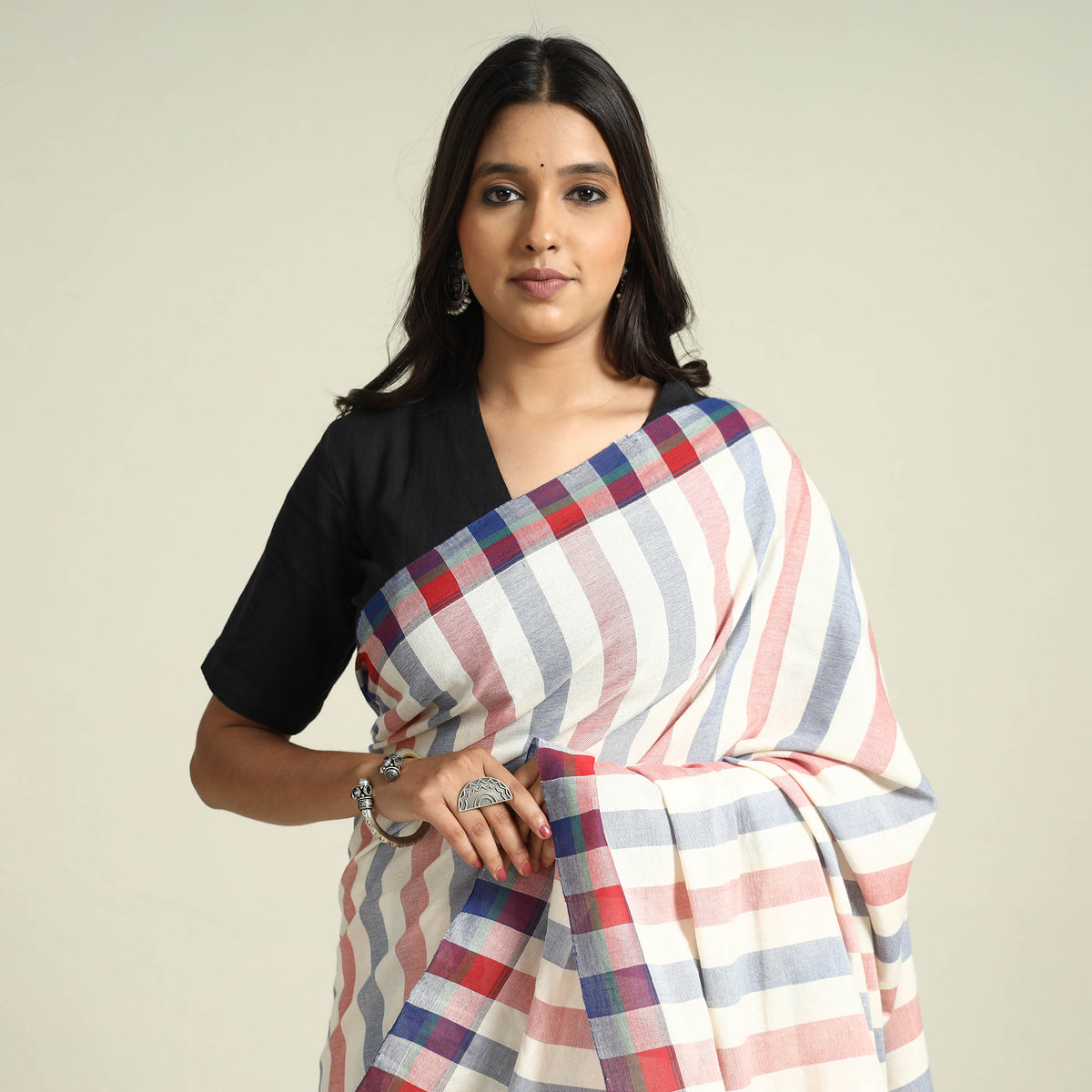 Kutch Bhujodi Weaving Handwoven Organic Kala Cotton Saree with Tassels
