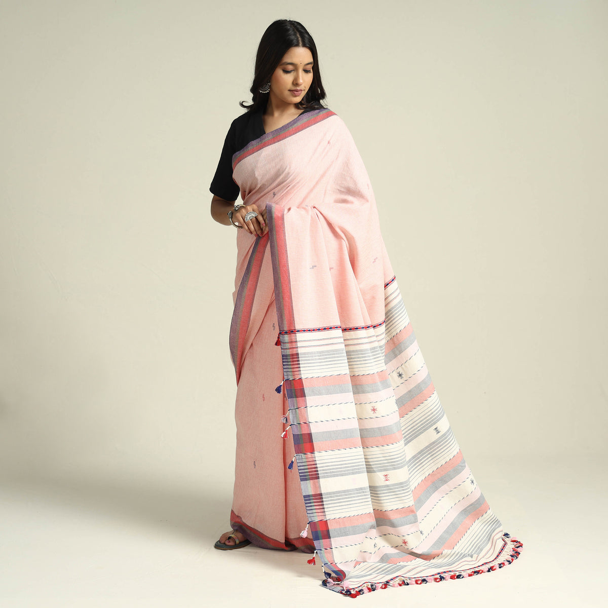 Kutch Bhujodi Weaving Handwoven Organic Kala Cotton Saree with Tassels