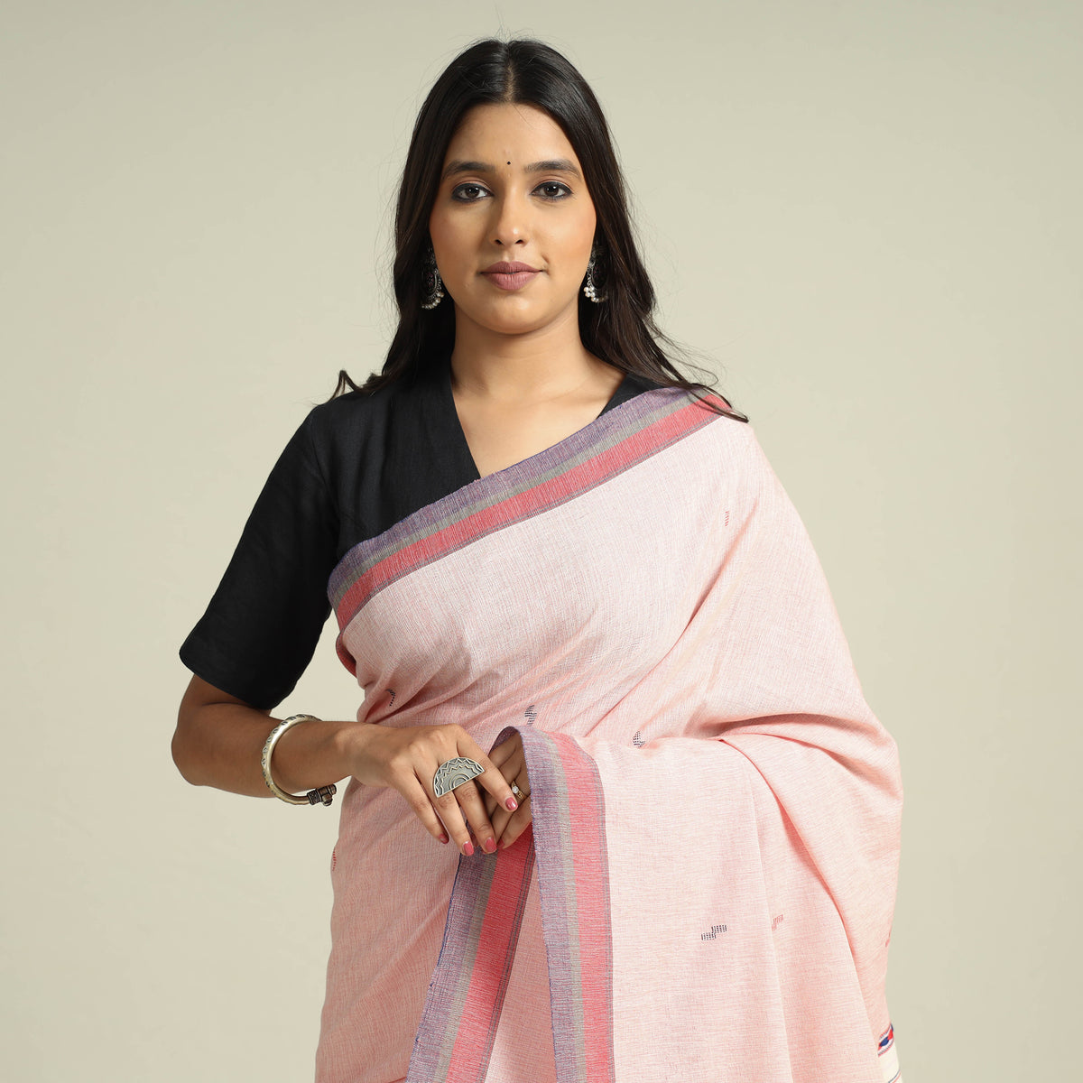 Kutch Bhujodi Weaving Handwoven Organic Kala Cotton Saree with Tassels