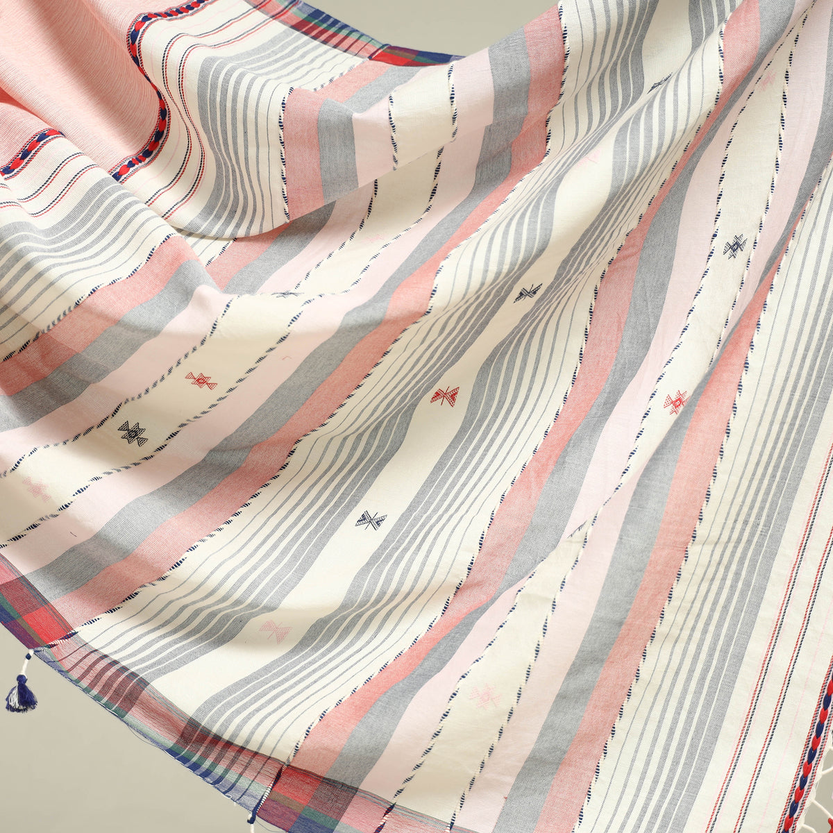 Kutch Bhujodi Weaving Handwoven Organic Kala Cotton Saree with Tassels