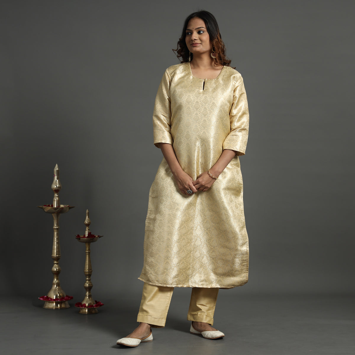 Beige - Elegant Banarasi Brocade Silk Kurta with Pant Set