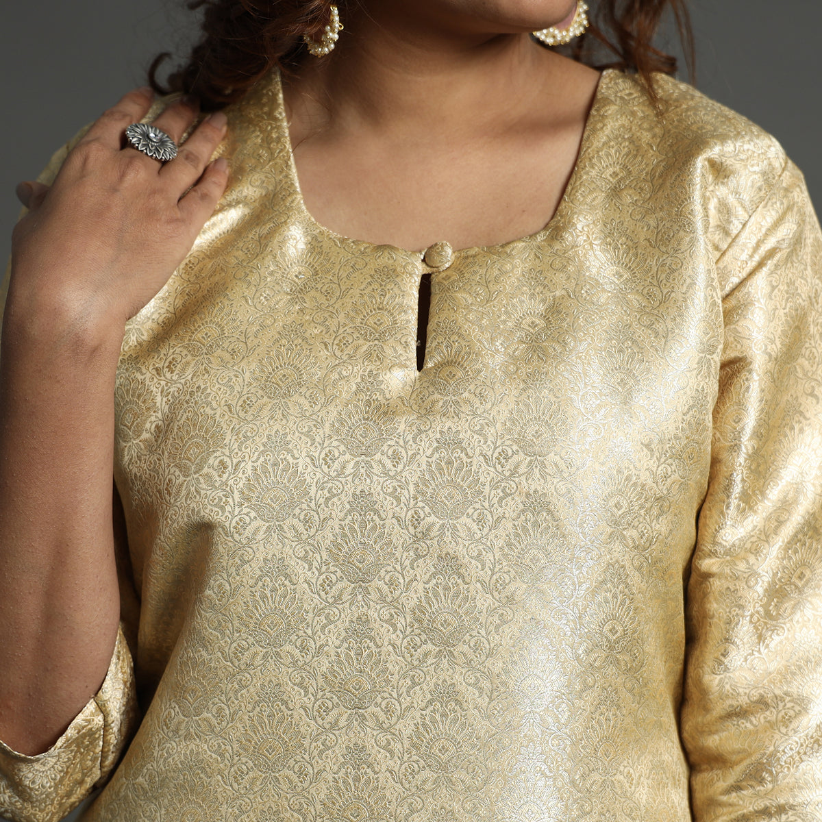 Beige - Elegant Banarasi Brocade Silk Kurta with Pant Set