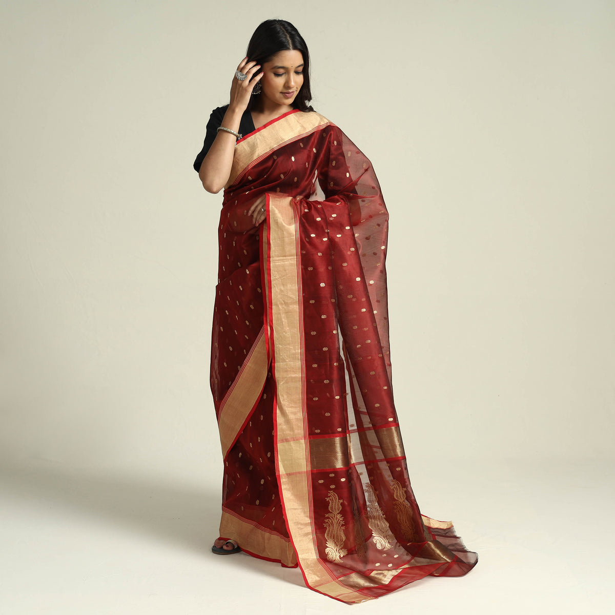 Traditional Chanderi Katan Silk Handloom Zari Work Saree by Rauph Khan