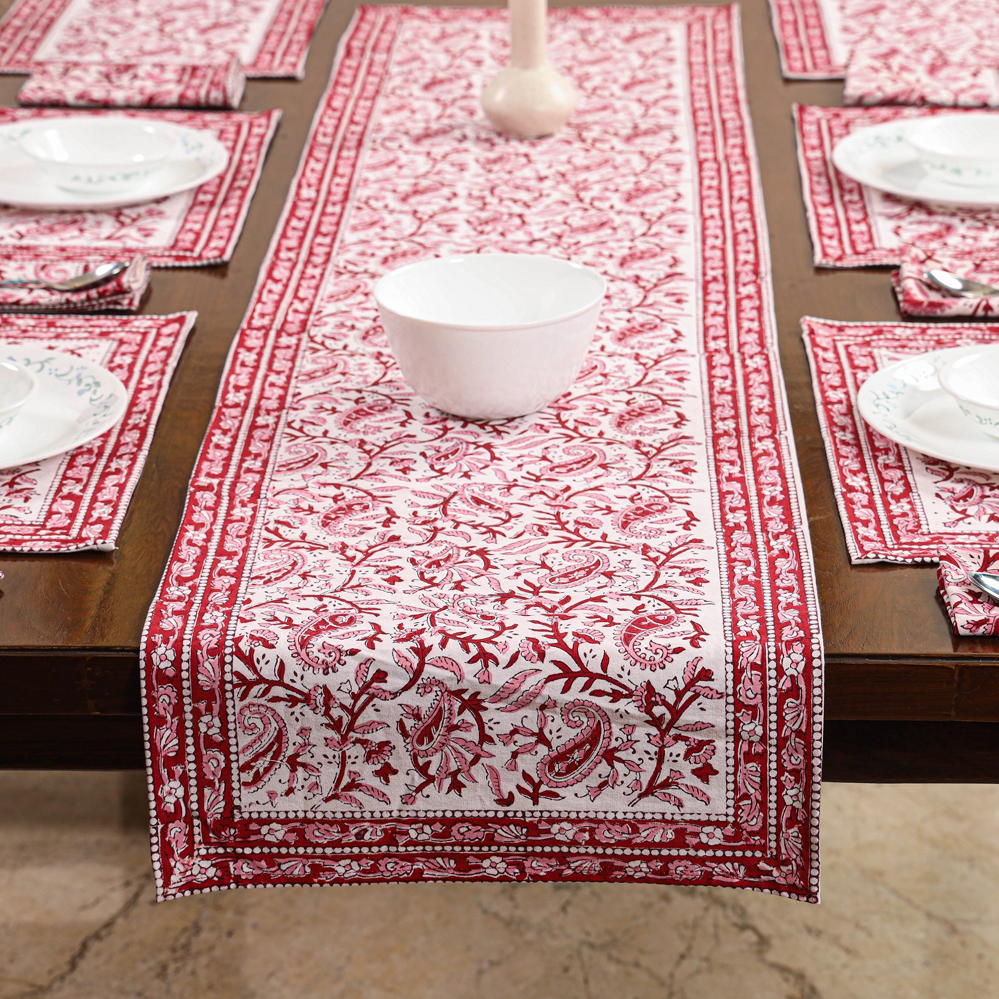 Sanganeri Block Printed Cotton Dining Table Runner, Mats (set of 6