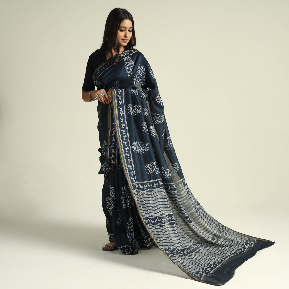Kashidakari Hand Embroidered Chanderi Silk Block Printed Handloom Saree with Zari Border