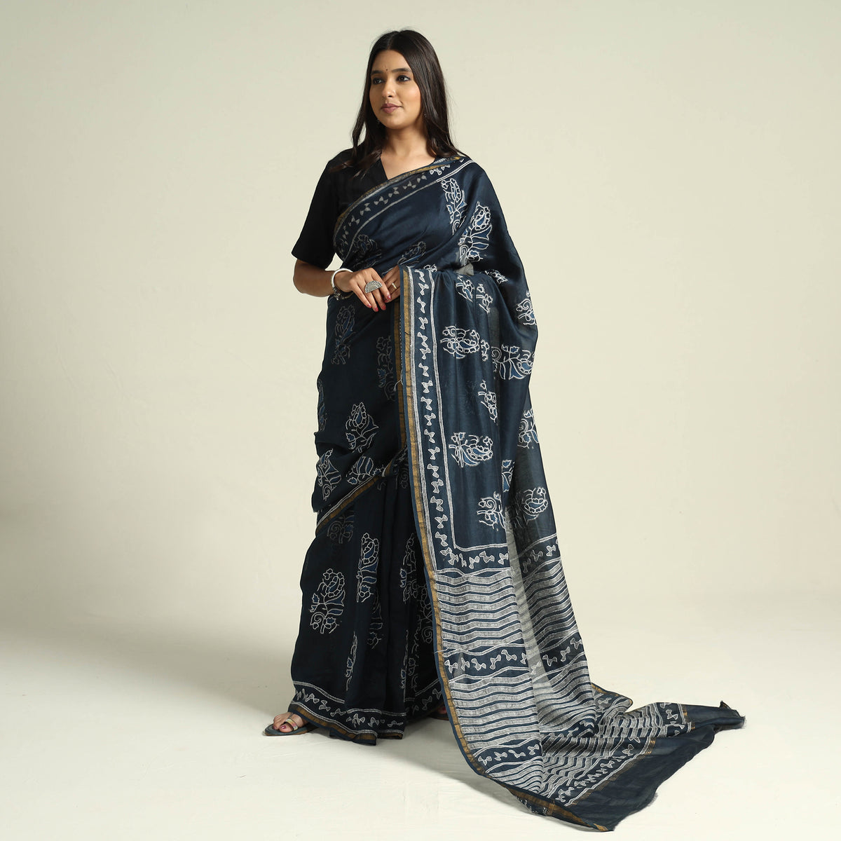 Kashidakari Hand Embroidered Chanderi Silk Block Printed Handloom Saree with Zari Border