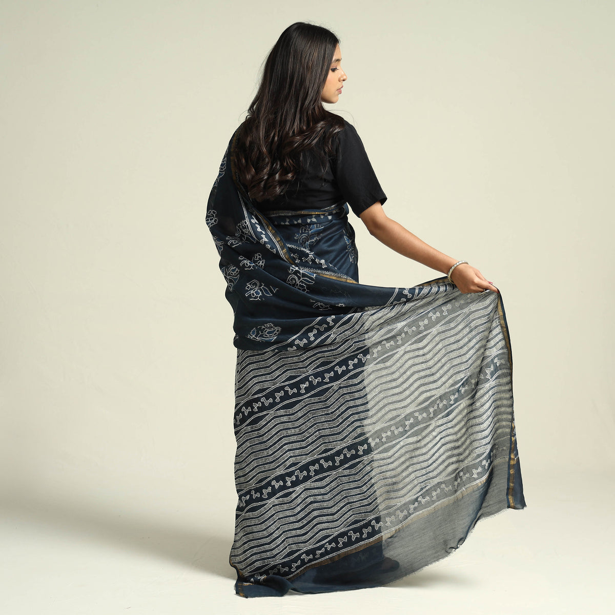 Kashidakari Hand Embroidered Chanderi Silk Block Printed Handloom Saree with Zari Border