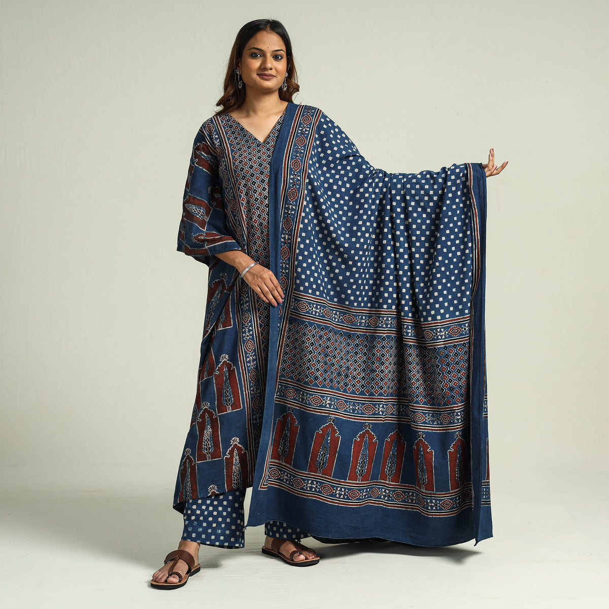 Blue - Ajrakh Block Printed Cotton Kaftan with Palazzo &amp; Dupatta Set