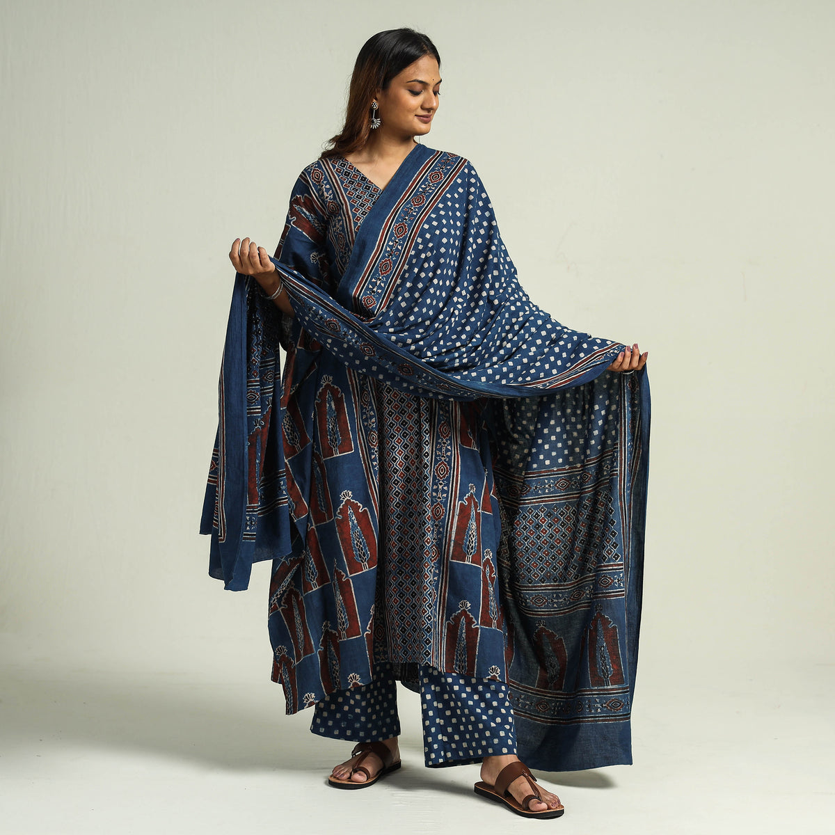Blue - Ajrakh Block Printed Cotton Kaftan with Palazzo &amp; Dupatta Set