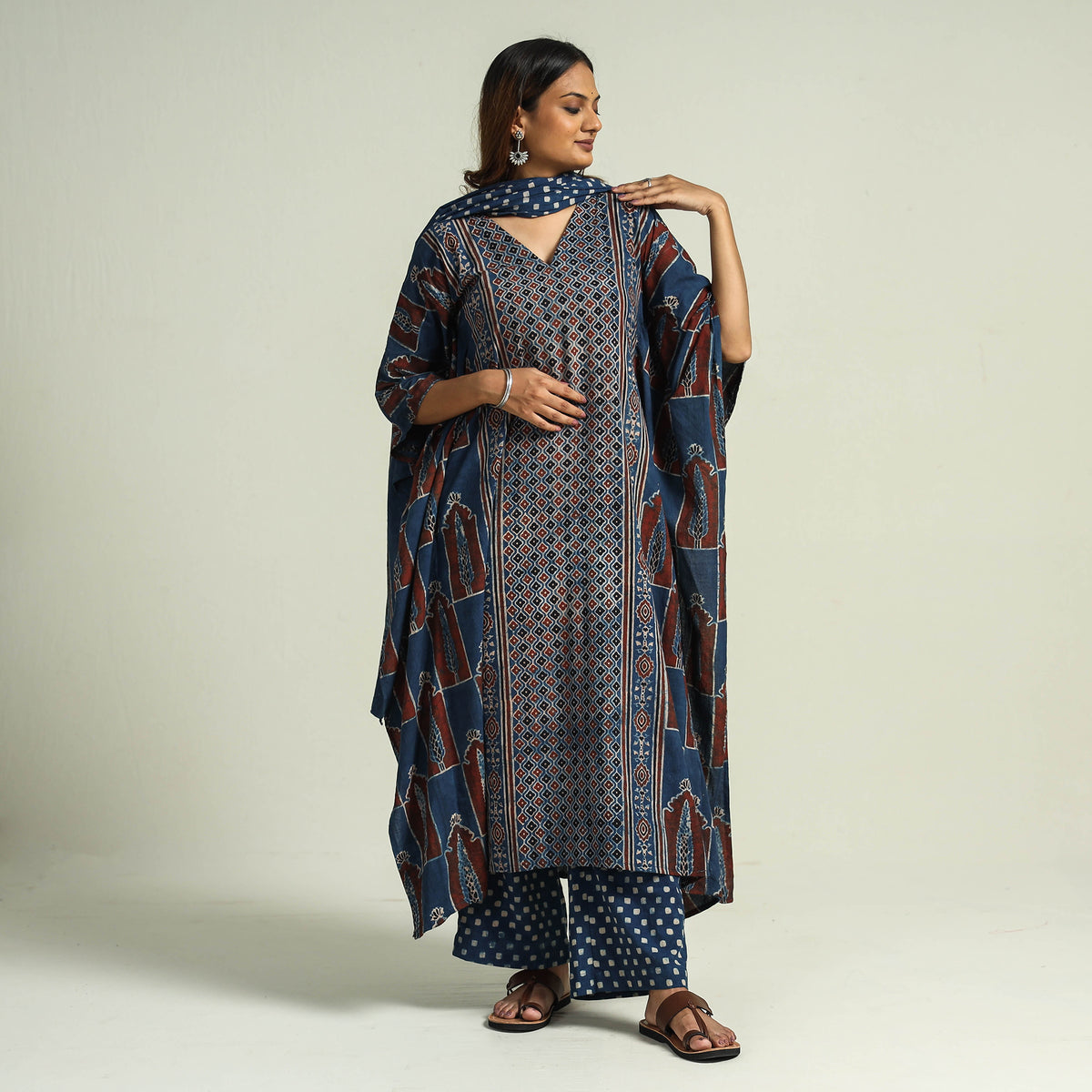 Blue - Ajrakh Block Printed Cotton Kaftan with Palazzo &amp; Dupatta Set