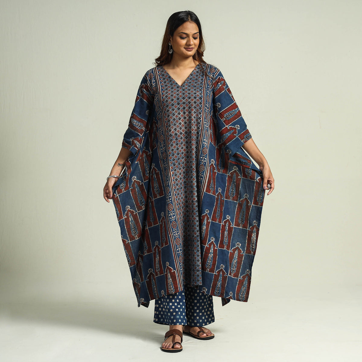Blue - Ajrakh Block Printed Cotton Kaftan with Palazzo &amp; Dupatta Set