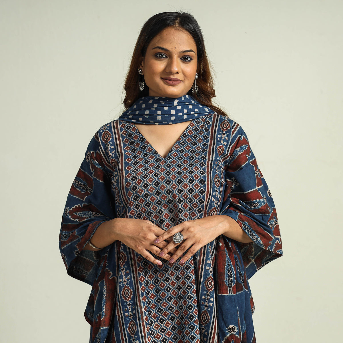 Blue - Ajrakh Block Printed Cotton Kaftan with Palazzo &amp; Dupatta Set