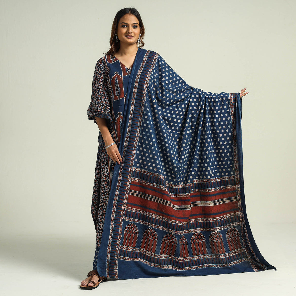 - Ajrakh Block Printed Cotton Kaftan with Palazzo &amp; Dupatta Set