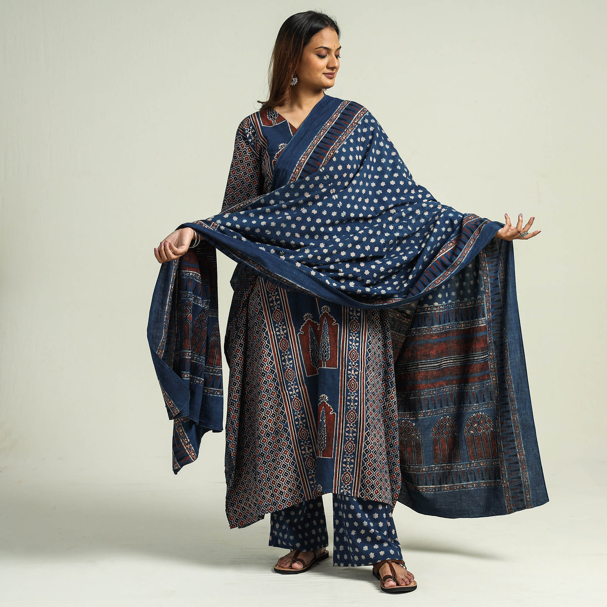 - Ajrakh Block Printed Cotton Kaftan with Palazzo &amp; Dupatta Set