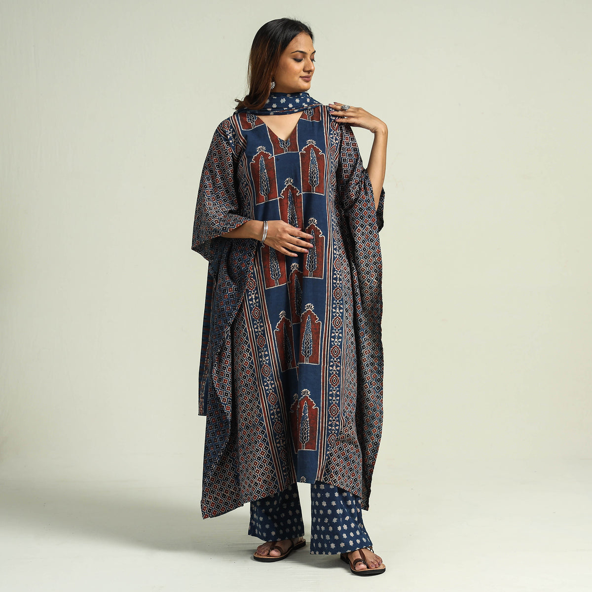 - Ajrakh Block Printed Cotton Kaftan with Palazzo &amp; Dupatta Set