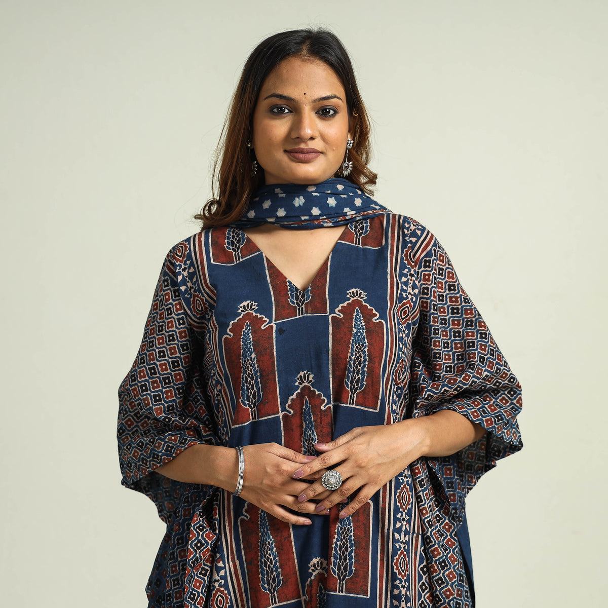 - Ajrakh Block Printed Cotton Kaftan with Palazzo &amp; Dupatta Set