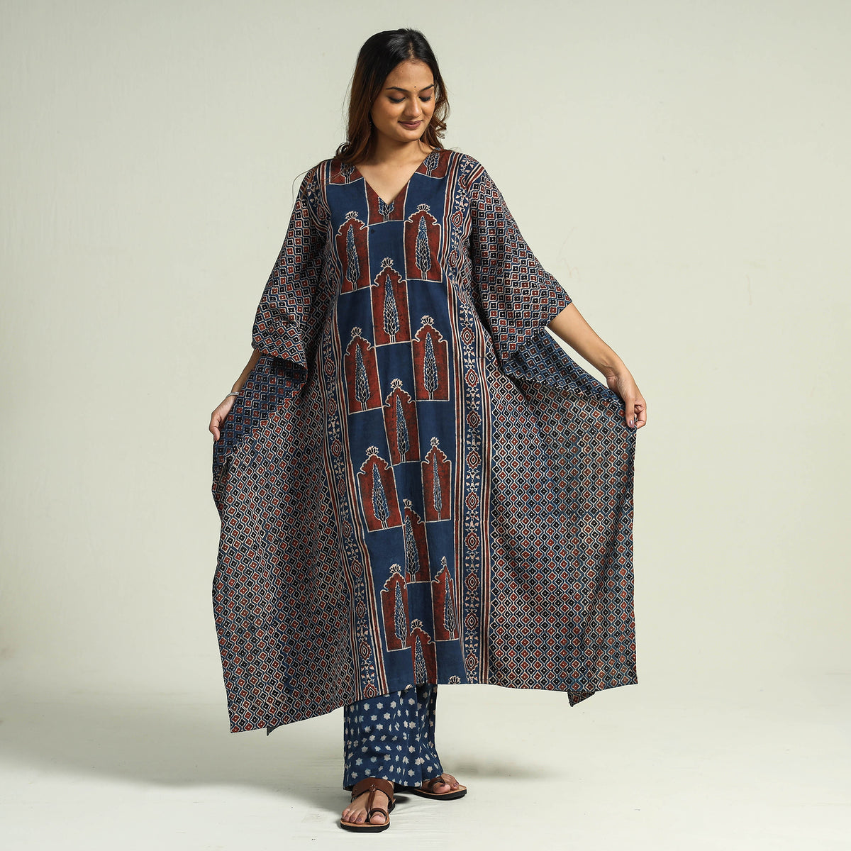 - Ajrakh Block Printed Cotton Kaftan with Palazzo &amp; Dupatta Set