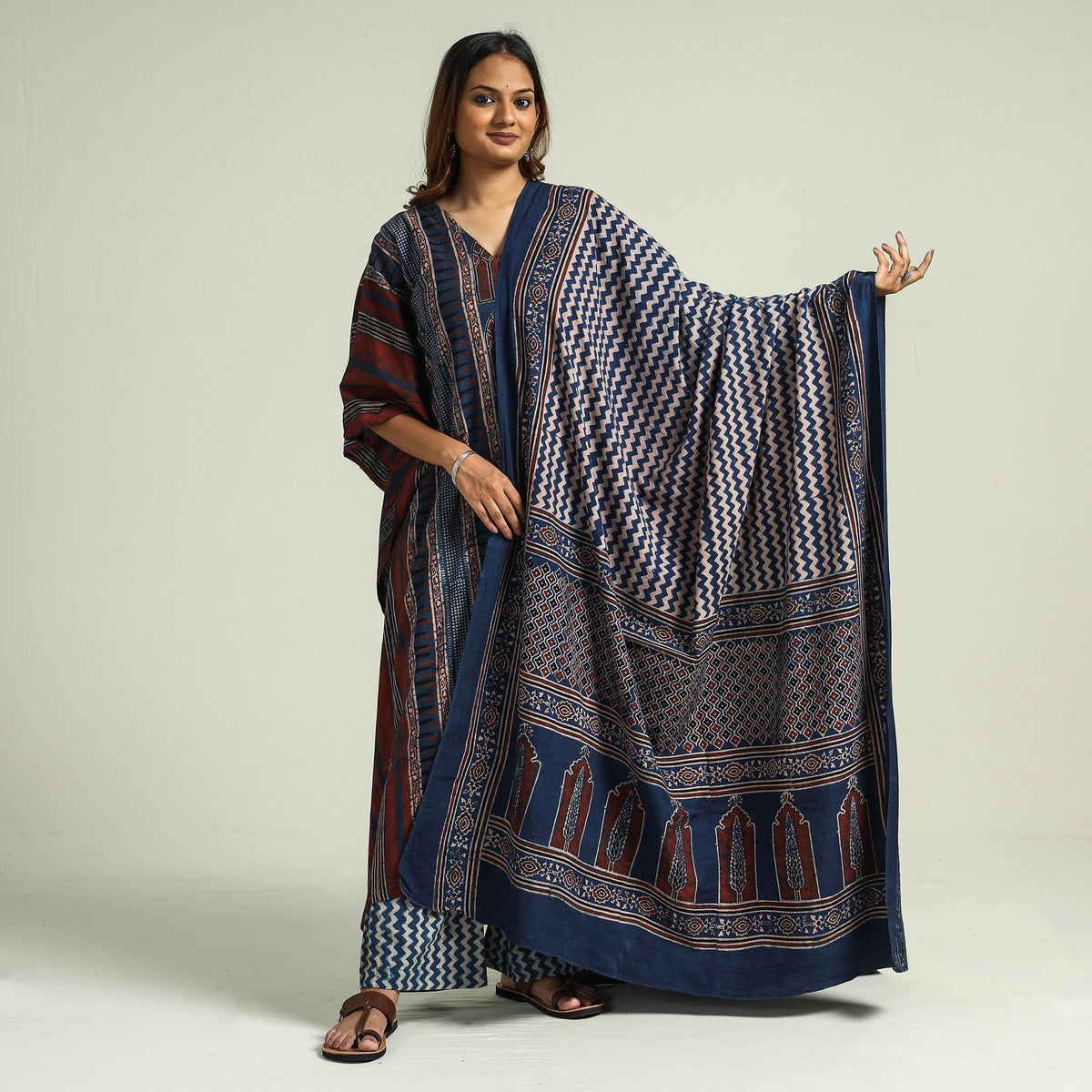- Ajrakh Block Printed Cotton Kaftan with Palazzo &amp; Dupatta Set