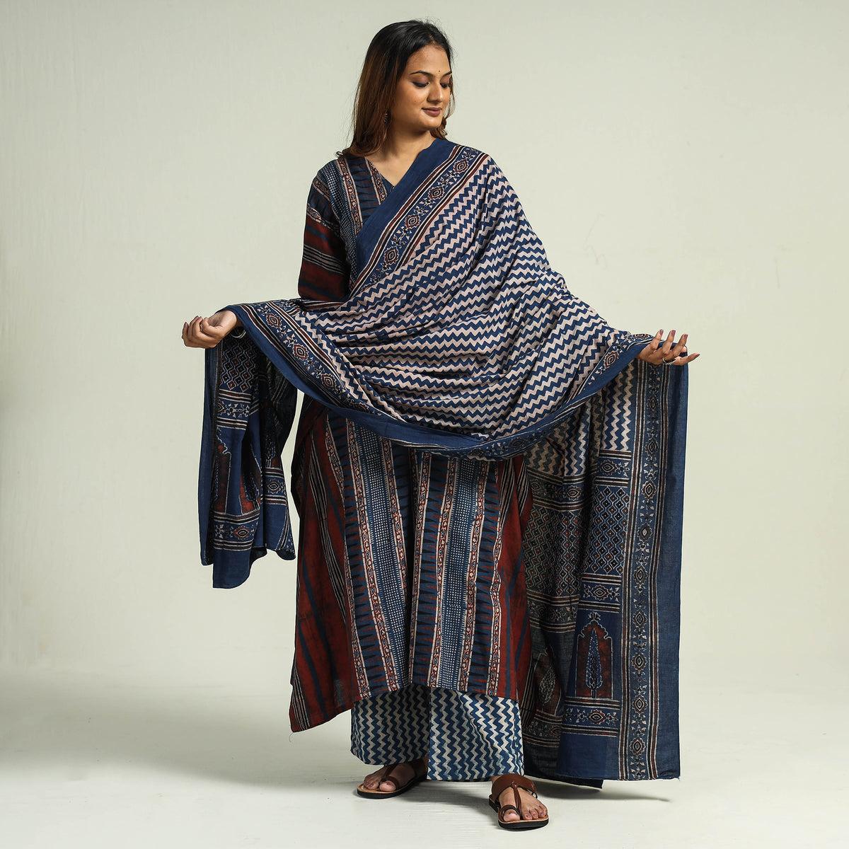 - Ajrakh Block Printed Cotton Kaftan with Palazzo &amp; Dupatta Set