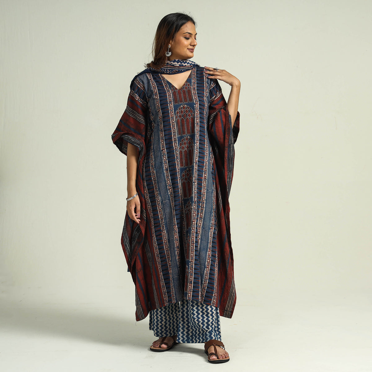 - Ajrakh Block Printed Cotton Kaftan with Palazzo &amp; Dupatta Set