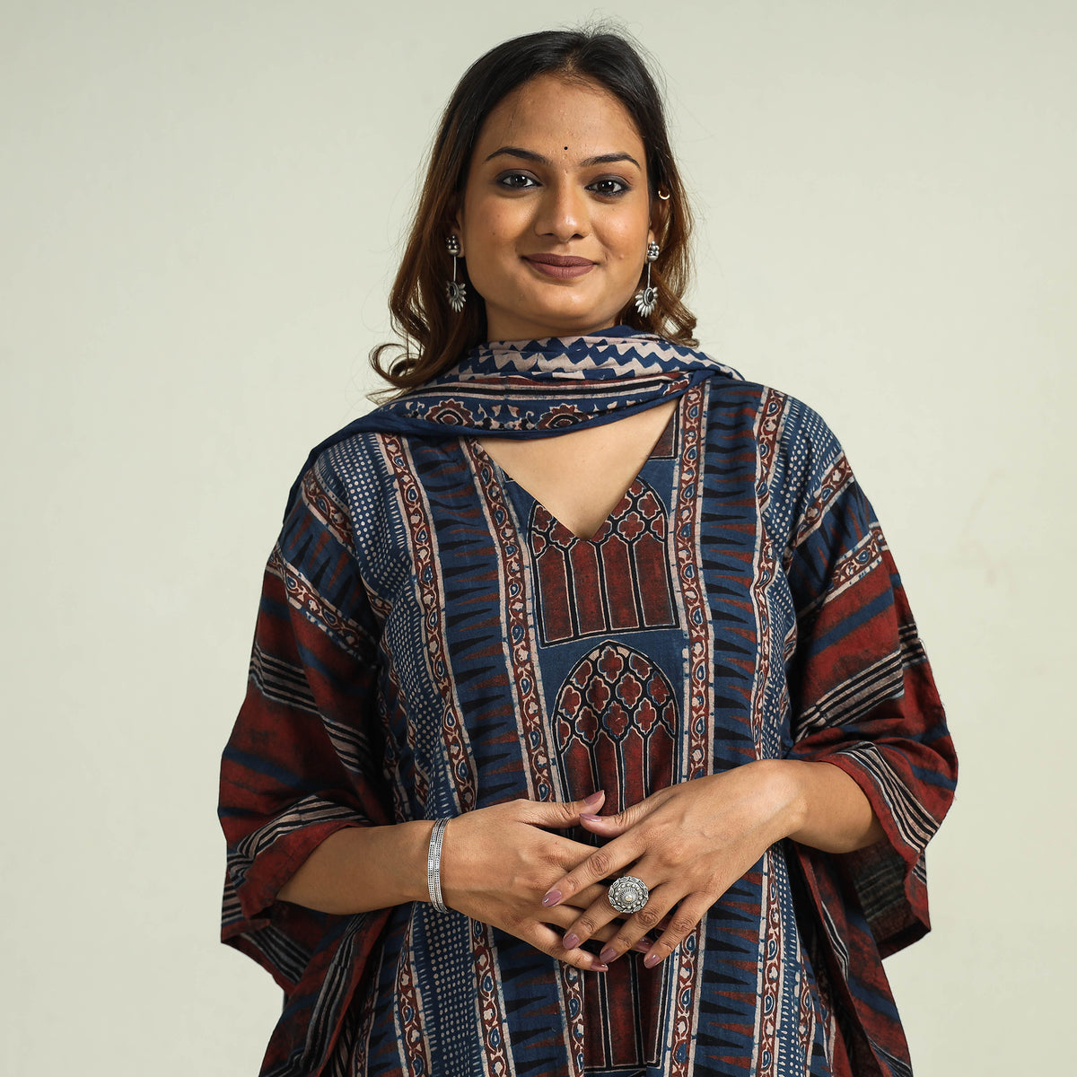 - Ajrakh Block Printed Cotton Kaftan with Palazzo &amp; Dupatta Set