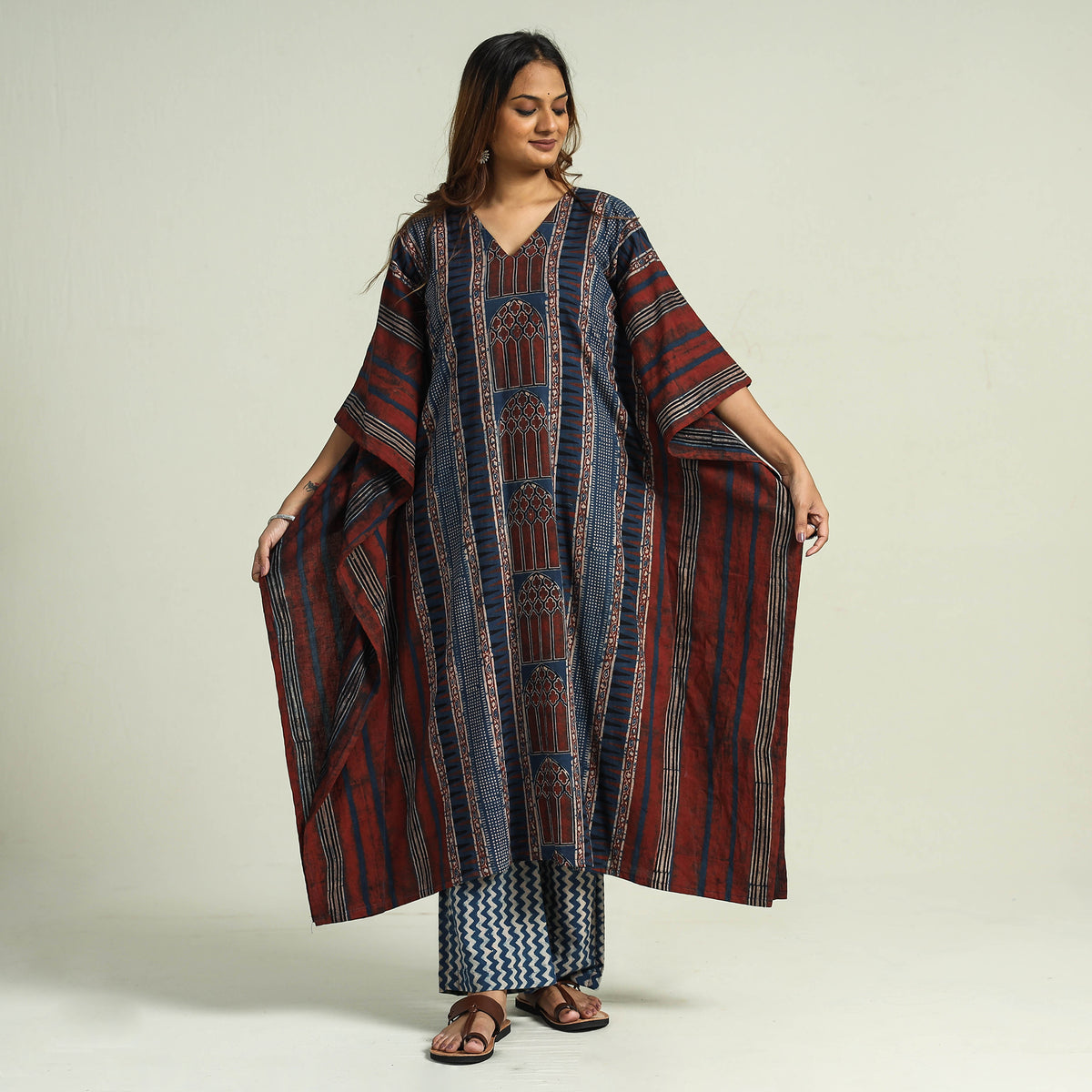 - Ajrakh Block Printed Cotton Kaftan with Palazzo &amp; Dupatta Set
