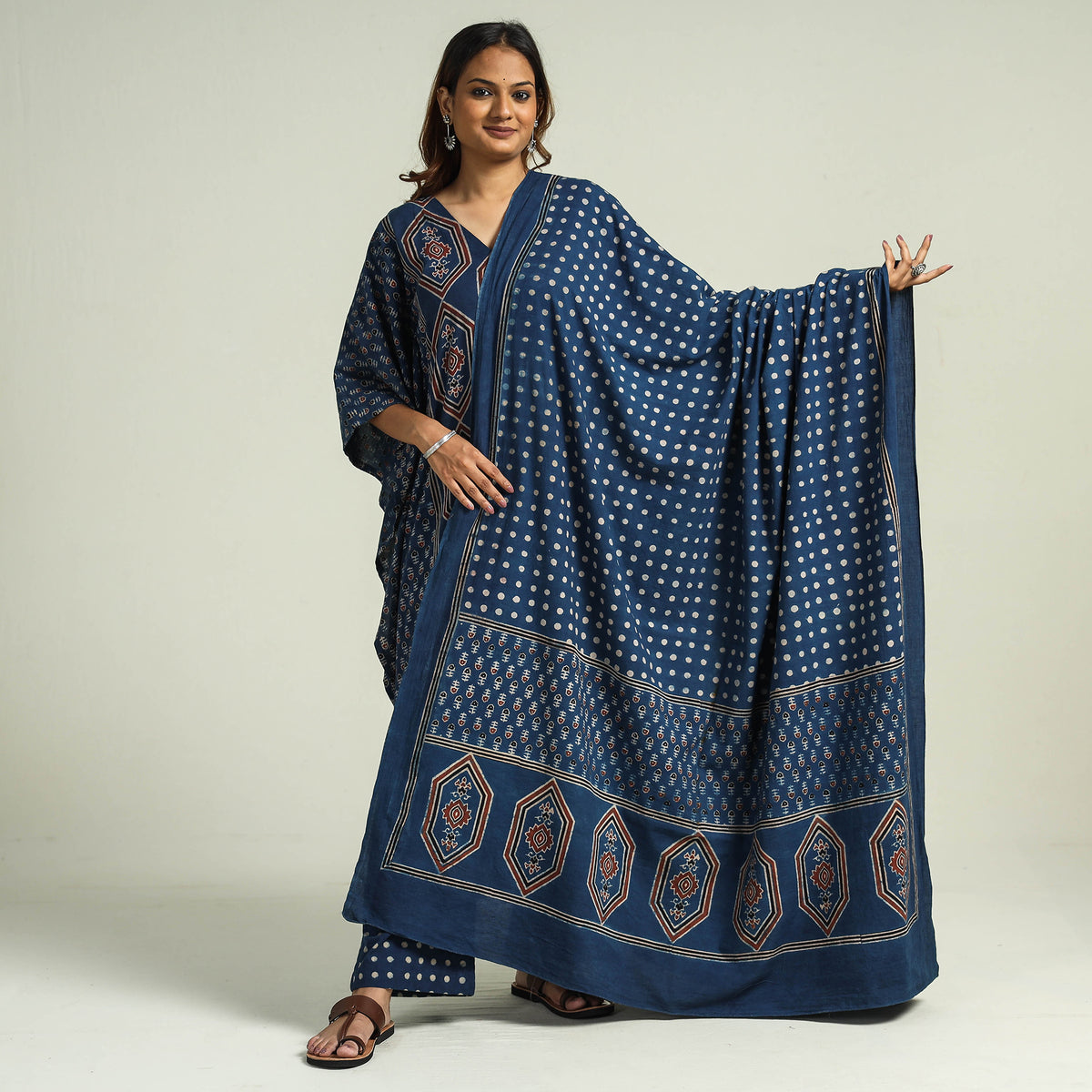 - Ajrakh Block Printed Cotton Kaftan with Palazzo &amp; Dupatta Set