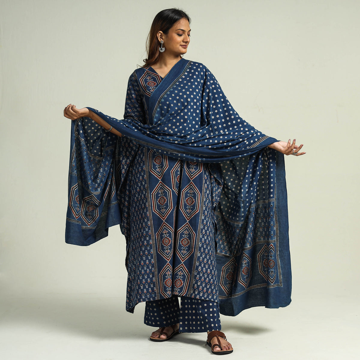 - Ajrakh Block Printed Cotton Kaftan with Palazzo &amp; Dupatta Set