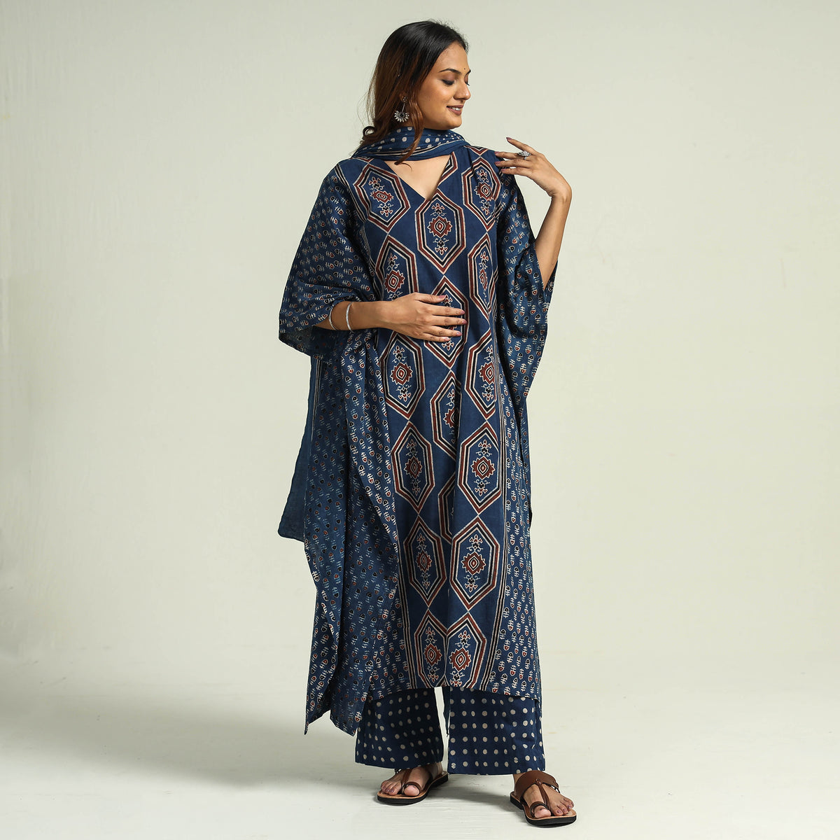 - Ajrakh Block Printed Cotton Kaftan with Palazzo &amp; Dupatta Set